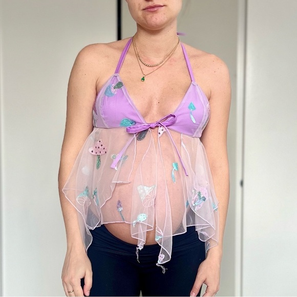 Handmade Y2K Fairycore Mushroom Babydoll Halter Top – Lilac Purple - Size S - Picture 2 of 9